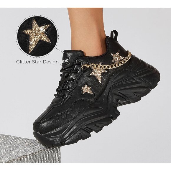 Women's Chunky Sneakers Platform Leather Casual Shoes Wedge Sports Black Chain - Picture 5 of 9